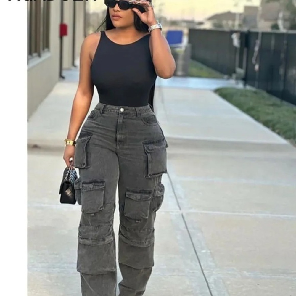 Multi Pocket Rolled‎ Hem Wide Leg Cargo Jeans Dark Gray size S